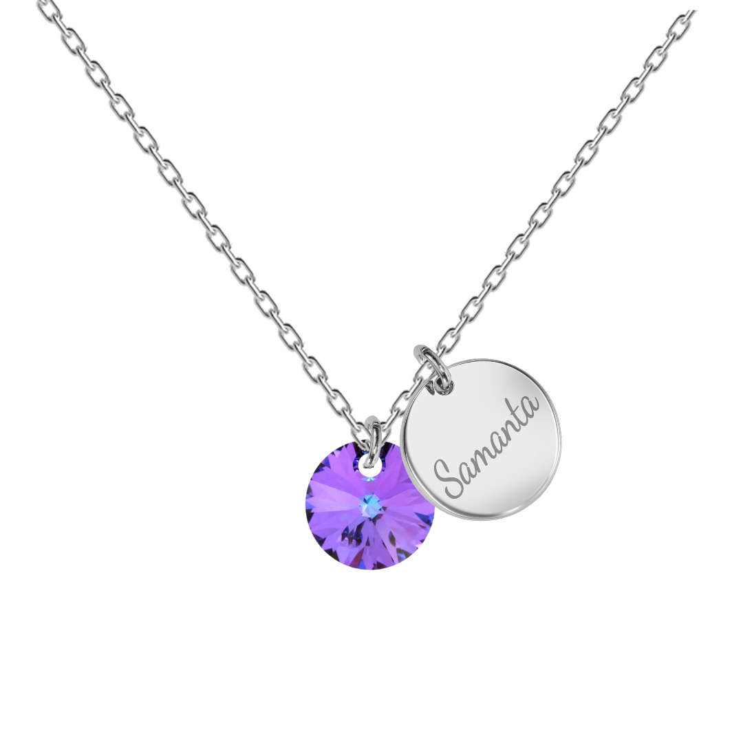 Personalizēta kaklarota ar vārda gravējumu sudraba violeta