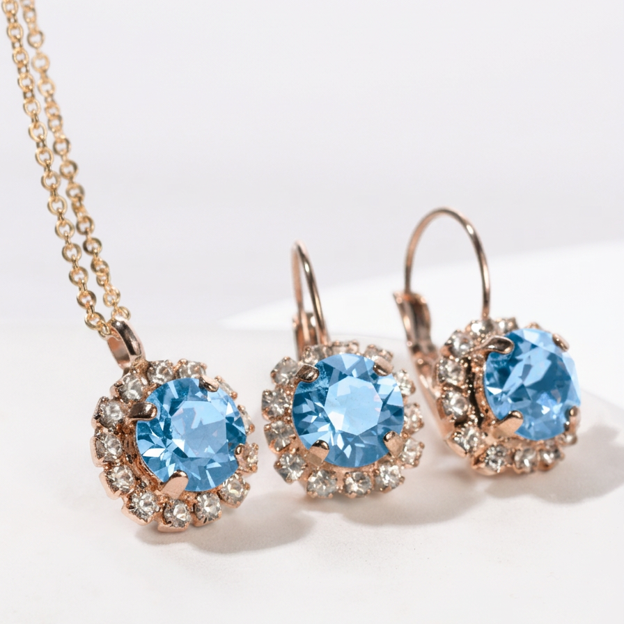 klasiskā stila rotu komplekts ar kristāliem aquamarine